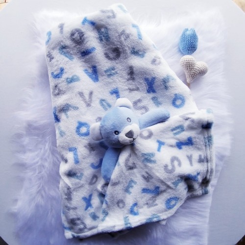 Kit Cobertor e Naninha Microfibra Azul  Ursinho