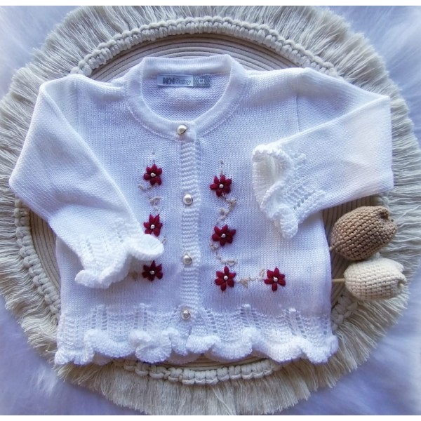 Casaquinho com Flores Aplicadas Branco e Vermelho