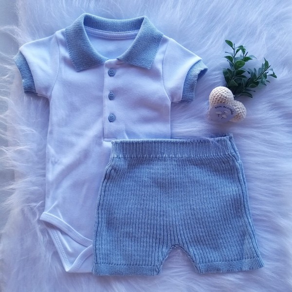 Conjunto com Gola em Tricot Menino Azul Bebê
