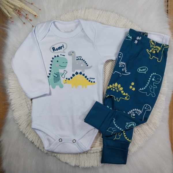 Conjunto Body manga longa e calça Dinossauro