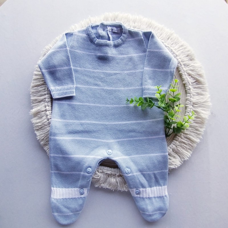 Macacão Tricot Listras Fina Azul Bebê e Branco
