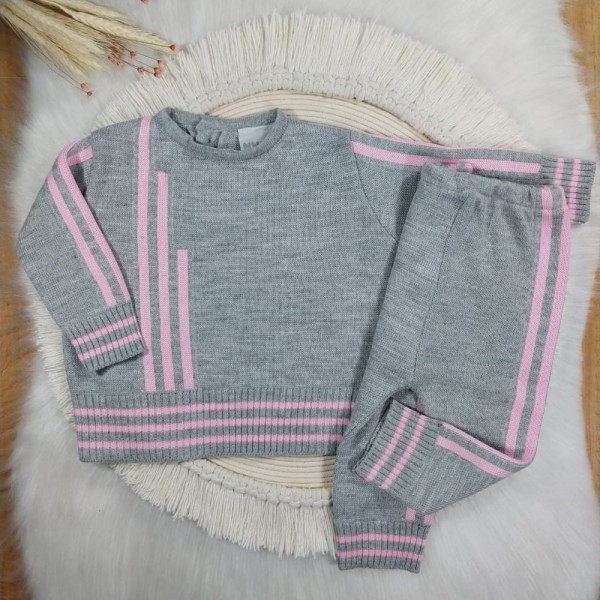 Conjunto Tricot Blusa e Calça Cinza com Rosa