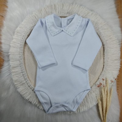 Body com Gola Bordada Azul e Branco
