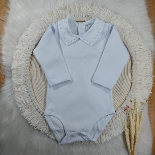 Body com Gola Bordada Azul e Branco