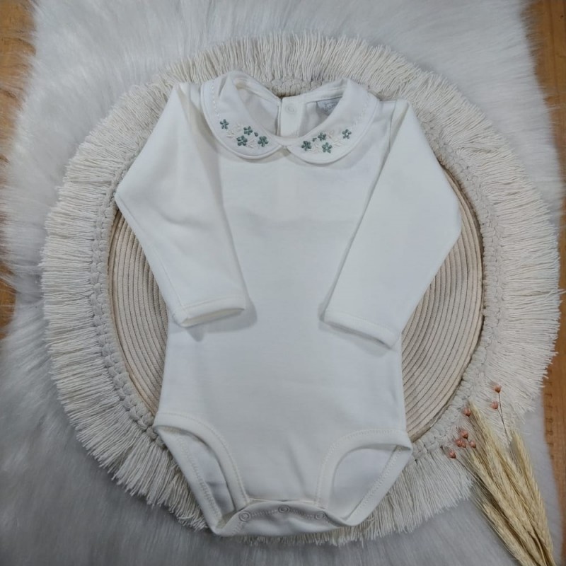 Body Manga Longa Gola Bordada Floral Verde Maré