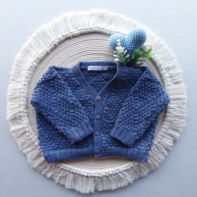 Casaco Tricot Ponto Pipoca Blue Jeans