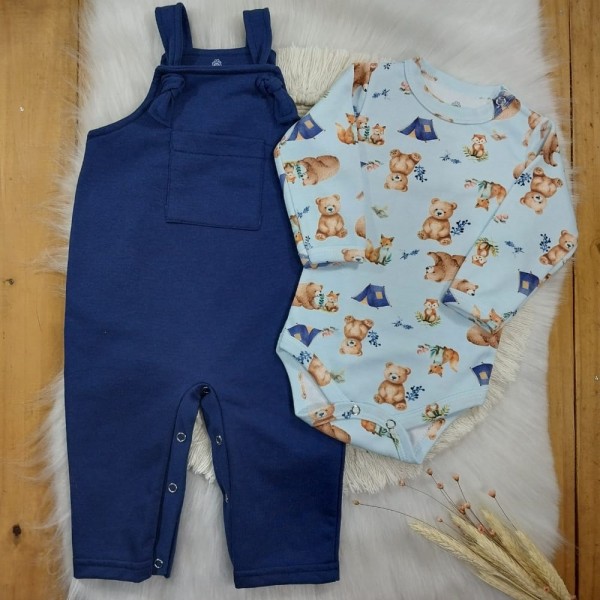 Jardineira Longa de Nó + Body Estampado Urso