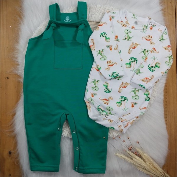 Jardineira Longa de Nó + Body Estampado Dino