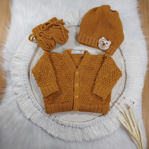 Kit Pipoca Mostarda - Casaco + Luva + Touca