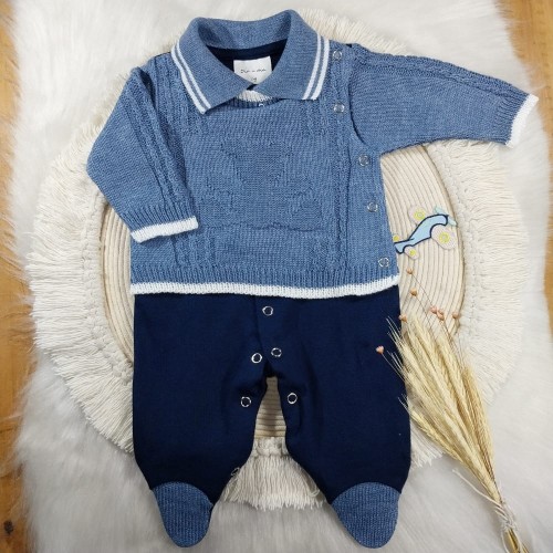 Macacão Tricot e Malha com Gola Polo Azul Jeans e Marinho Macacão Tricot e Malha com Gola Polo Azul Jeans e Marinho