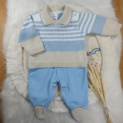 Macacão Tricot e Malha com Gola Polo  Azul bebê e Bege